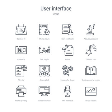 set of 16 user interface concept vector line icons such as image variant, mic interface, screen in white, printer printing squares, book opened at center, image of a flower, cinema hall, film list.