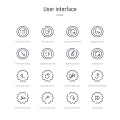 set of 16 user interface concept vector line icons such as arrowheads, curved downward arrow, curved right arrow, sketch loop arrow, swirly pointing upwards, 3d turn right spinning arrows, curved up