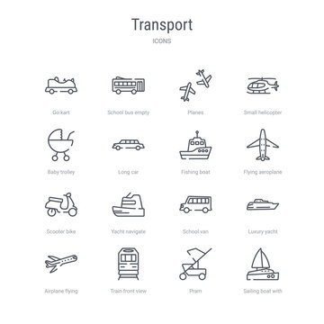 set of 16 transport concept vector line icons such as sailing boat with veils, pram, train front view, airplane flying, luxury yacht, school van, yacht navigate, scooter bike. 64x64 thin stroke
