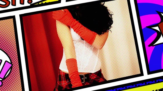 Inside a panel of a comic book page: a sexy woman wearing lingerie (a white corset, a short skirt), caressing her body.
