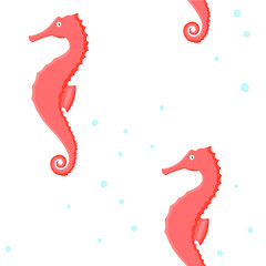 Seamless pattern coral seahorse animal flat character with abstract cyan spot on white background. Cartoon hippocampus for design, background, card, print, textile, paper