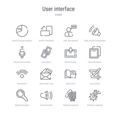 set of 16 user interface concept vector line icons such as settings cogwheel button, telephone keypad, volume button, magnifying glass search button, crop open diary, open letter read email,