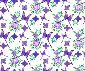 Japanese style background. Vector Hydrangea round bouquet seamless pattern. Floral stock vector illustration