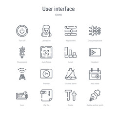 set of 16 user interface concept vector line icons such as delete anchor point, fonts, zip file, low, add event, disable alarm, premier,  . 64x64 thin stroke icons