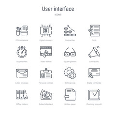 set of 16 user interface concept vector line icons such as checking box with a checkmark, written paper, dollar bills stack, office folders, digital certificate, settings cog, personal centials,