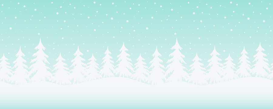 Winter landscape. Seamless border. Christmas background. There are white fir trees on a blue background. Vector illustration