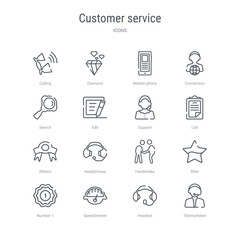 set of 16 customer service concept vector line icons such as telemarketer, headset, speedometer, number 1, rate, handshake, headphones, ribbon. 64x64 thin stroke icons