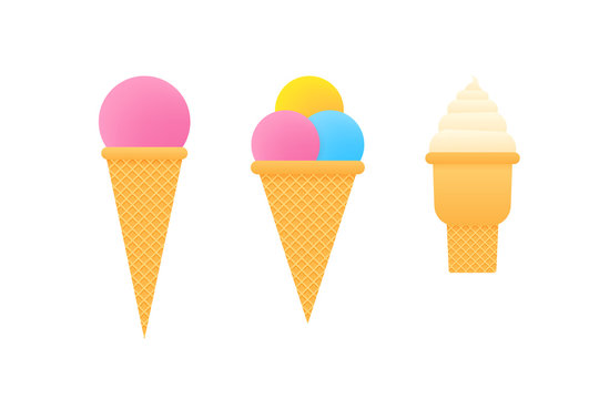 Collection of ice cream cones isolated on white. Vector stock illustration.