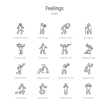 set of 16 feelings concept vector line icons such as good human, grateful human, great human, guilty happy heartbroken helpless hopeful 64x64 thin stroke icons