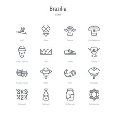 set of 16 brazilia concept vector line icons such as tambourine, coffee cup, cachaca, garlands, necklace, horn, rattle, theater masks. 64x64 thin stroke icons