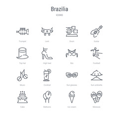 set of 16 brazilia concept vector line icons such as maracas, ice cream, balloons, cake, sun umbrella, sun glasses, cocktail, music. 64x64 thin stroke icons
