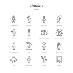 set of 16 literature concept vector line icons such as ebook, yorick, shakespeare, ufo, robin hood, don quixote, love, long john silver. 64x64 thin stroke icons
