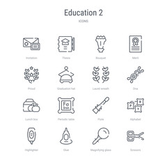 set of 16 education 2 concept vector line icons such as scissors, magnifying glass, glue, highlighter, alphabet, flute, periodic table, lunch box. 64x64 thin stroke icons