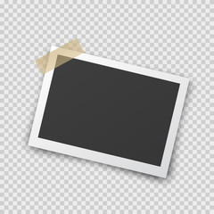 Photo frame with shadow pin on sticky tape. Old empty black snapshot isolated on transparent background. Vector picture for your design.