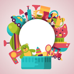 Obraz premium Baby toy round pattern in flat cartoon style. Kids game teddy bear, pyramid, doll. Children fun and activity play colorful kindergarten background vector illustration.