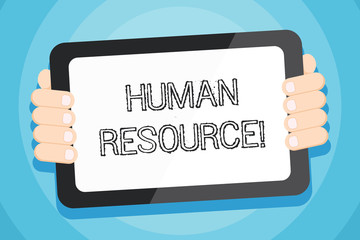 Text sign showing Huanalysis Resource. Business photo showcasing the process of hiring and developing employees Color Tablet Smartphone with Blank Screen Handheld from the Back of Gadget