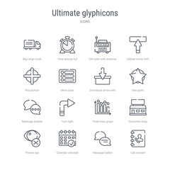 set of 16 ultimate glyphicons concept vector line icons such as call contact, message ballon, calendar checked, private eye, groceries shop, three bars graph, turn right, message bubble. 64x64 thin