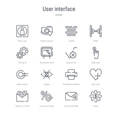set of 16 user interface concept vector line icons such as dollar, new email filled envelope, less percentage, dollars in a mail, add a like, print filled interface tool, hidden, radio button. 64x64