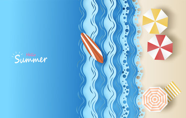 Hello Summer background. travel and relax summer on the beach concept. design with top view beach ,umbrellas, surfboard background . paper art style. Vector.