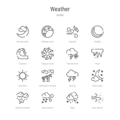 Fotobehang set of 16 weather concept vector line icons such as sand storms, sleet, snow storms, sprinkle weather, starry night, stormy, subtropical climate, sunshine. 64x64 thin stroke icons © zaurrahimov