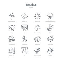 set of 16 weather concept vector line icons such as wildfire, tropical cyclone, icy, patchy fog, snow cloud, steady rain, thunderbolt, thunderstorm. 64x64 thin stroke icons