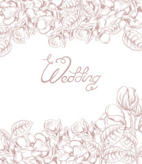 Vintage wedding card with flowers Vector lineart. Sunflower, peony and roses old effect styles