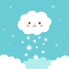 Cute cloud with stars on blue sky background