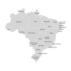 Vector isolated illustration of simplified administrative map of Brazil. Borders and names of the provinces (regions). Grey silhouettes. White outline