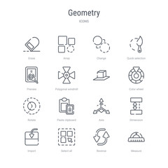 set of 16 geometry concept vector line icons such as measure, reverse, select all, import, dimension, axis, paste clipboard, rotate. 64x64 thin stroke icons