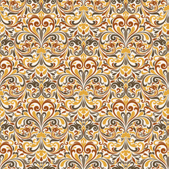 Seamless background baroque style. Vintage Pattern. Retro Victorian. Ornament in Damascus style. Elements of flowers, leaves. Vector illustration. Wallpaper, print packaging, textiles.