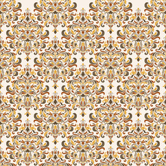 Seamless background baroque style. Vintage Pattern. Retro Victorian. Ornament in Damascus style. Elements of flowers, leaves. Vector illustration. Wallpaper, print packaging, textiles.