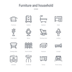 set of 16 furniture and household concept vector line icons such as porch swing, cenza, footstool, armoire, lounger, hassock, room divider, gateleg table. 64x64 thin stroke icons