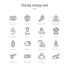 set of 16 startup stategy and concept vector line icons such as grow, happiness, idea magnet, market trends, new product, open padlock, piggybank, resources. 64x64 thin stroke icons