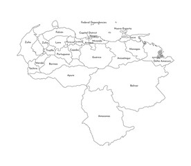 Vector isolated illustration of simplified administrative map of Venezuela. Borders and names of the regions. Black line silhouettes