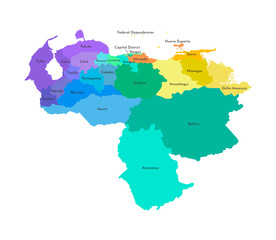 Vector isolated illustration of simplified administrative map of Venezuela. Borders and names of the regions. Multi colored silhouettes