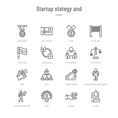 set of 16 startup stategy and concept vector line icons such as accept, budget, bulb, businessman and strategy, businessman professional, career ladder, ceo, clap. 64x64 thin stroke icons