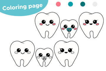 Coloring page for children about dental hygiene. Cute kawaii cartoon teeth family, dad, mum and baby. Vector illustration.