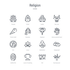 set of 16 religion concept vector line icons such as burning bush, ohr, laver of washing, gefilte fish, sufganiyah, meditation, lotus, om. 64x64 thin stroke icons