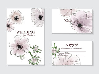 Botanical anemones wedding invitation card template design, pink tender flowers and leaves isolated on white  background, vintage style flowery wedding decoration 2019