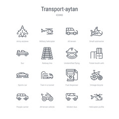 set of 16 transport-aytan concept vector line icons such as helicopter profile, modern bus, all terrain vehicle, people carrier, vintage bicycle, fuel dispenser, train in a tunnel, sports car. 64x64