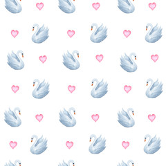 illustration watercolor seamless simple pattern of swans and pink hearts on a white background. for design, for cards, banners, paper