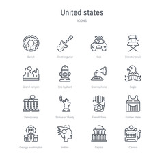 set of 16 united states concept vector line icons such as casino, capitol, indian, george washington, golden state, french fries, statue of liberty, democracy. 64x64 thin stroke icons