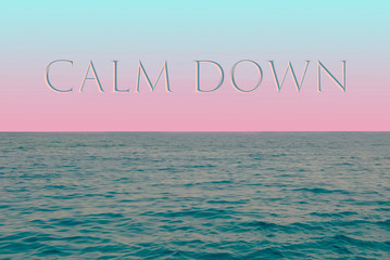relaxing background of green water and pink blue gradient sky caption calm down