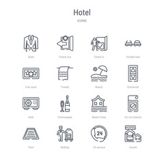 set of 16 hotel concept vector line icons such as hostel, 24 service, bellboy, pool, do not disturb, beach hotel, champagne, safe. 64x64 thin stroke icons