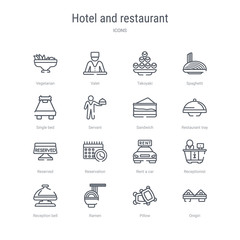 set of 16 hotel and restaurant concept vector line icons such as onigiri, pillow, ramen, reception bell, receptionist, rent a car, reservation, reserved. 64x64 thin stroke icons