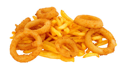 French fries and fried onion rings isolated on a white background
