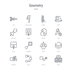 set of 16 geometry concept vector line icons such as copy, spline, flow, explode, layer, base, lengthen, save. 64x64 thin stroke icons