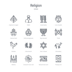 set of 16 religion concept vector line icons such as praying mat, muhammad word, crescent moon and star, medina, dromedary, star of david, olive branch, chicken. 64x64 thin stroke icons