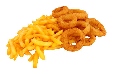 French fries and fried onion rings isolated on a white background