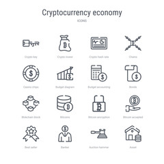 set of 16 cryptocurrency economy concept vector line icons such as asset, auction hammer, banker, best seller, bitcoin accepted, bitcoin encryption, bitcoins, blokchain block. 64x64 thin stroke
